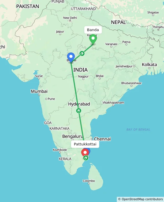 Route map showing distance and travel time from Banda, India to Pattukkottai, India