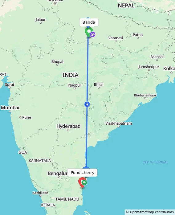 Route map showing distance and travel time from Banda, India to Pondicherry, India
