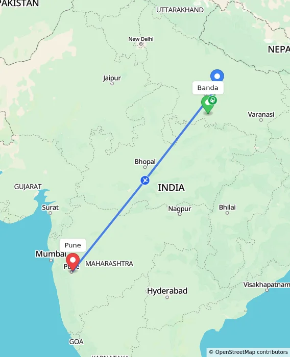 Route map showing distance and travel time from Banda, India to Pune, India