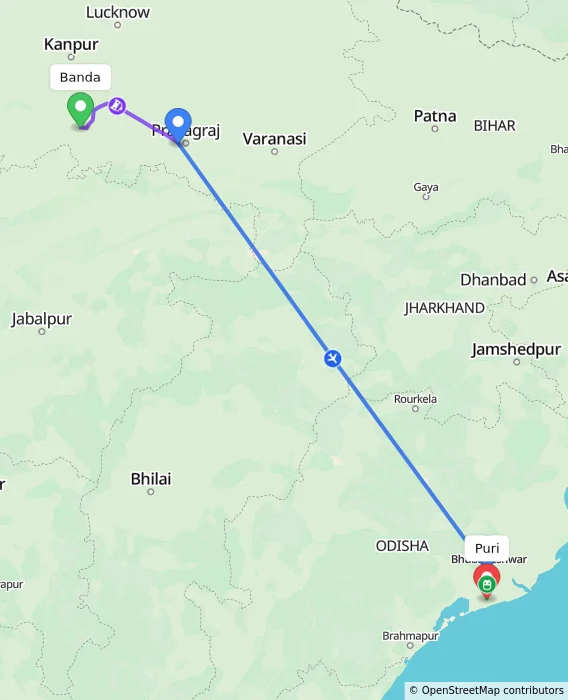Route map showing distance and travel time from Banda, India to Puri, India