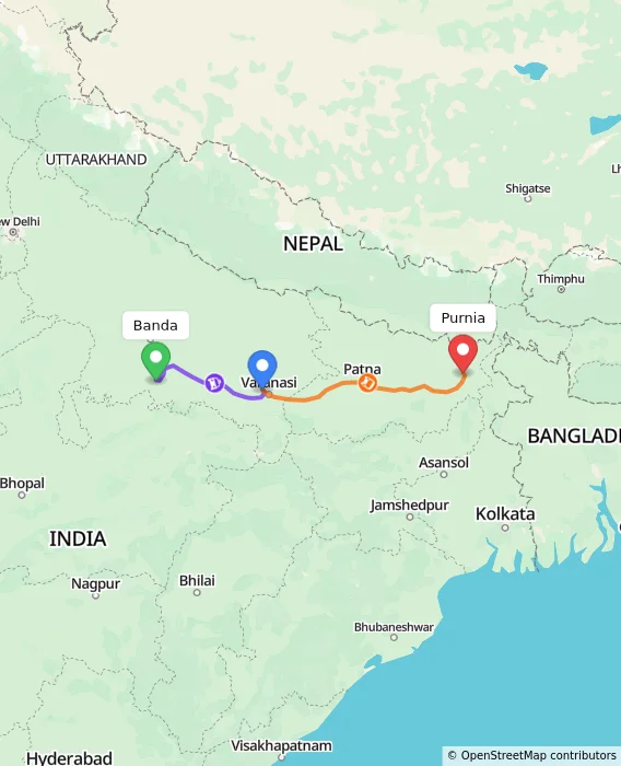 Route map showing distance and travel time from Banda, India to Purnia, India