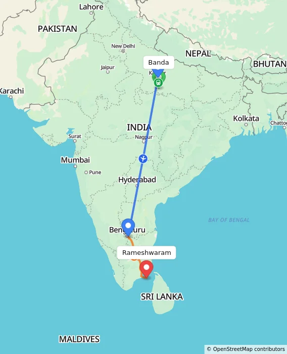 Route map showing distance and travel time from Banda, India to Rameshwaram, India