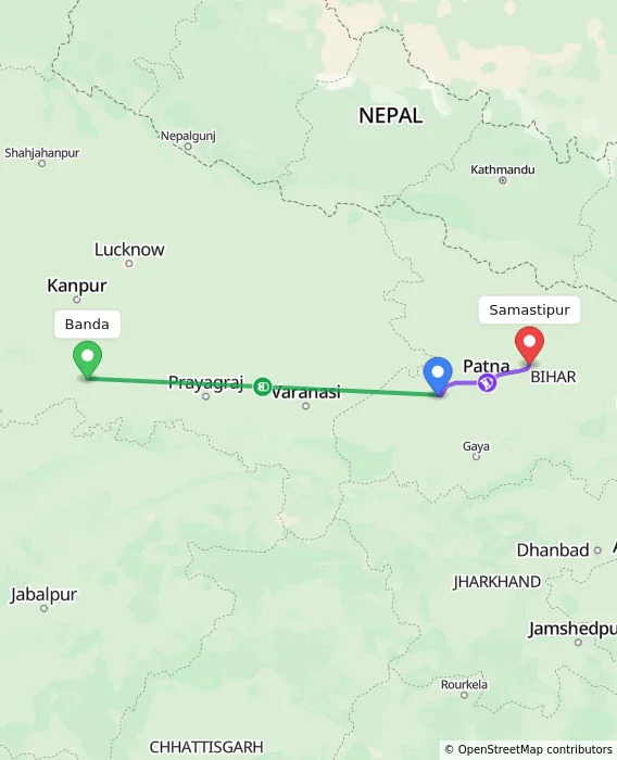 Route map showing distance and travel time from Banda, India to Samastipur, India