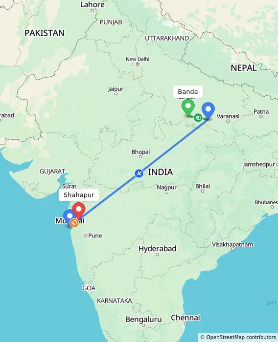 Route map showing distance and travel time from Banda, India to Shahapur, India
