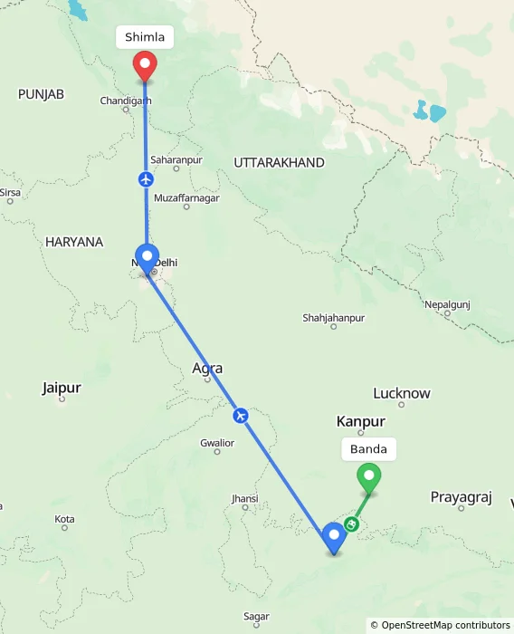 Route map showing distance and travel time from Banda, India to Shimla, India