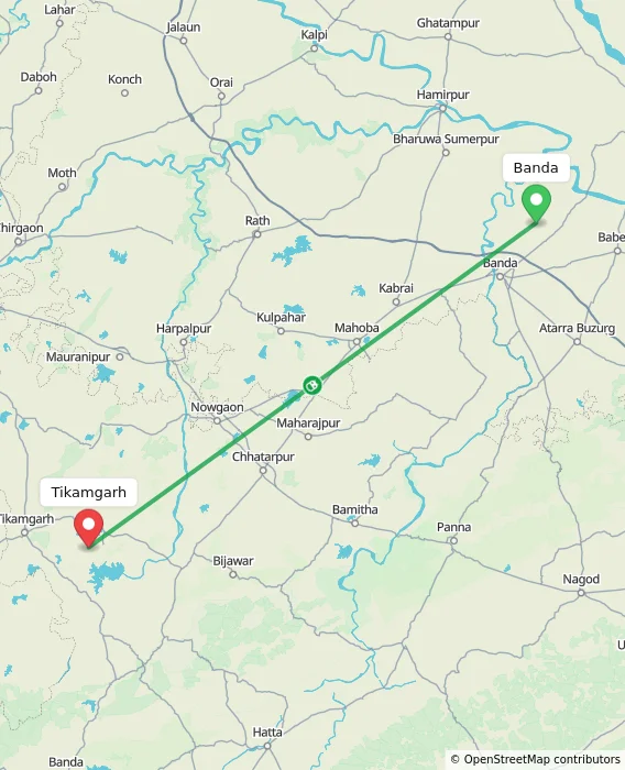 Route map showing distance and travel time from Banda, India to Tikamgarh, India