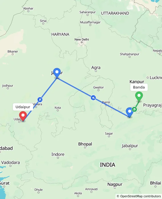 Route map showing distance and travel time from Banda, India to Udaipur, India