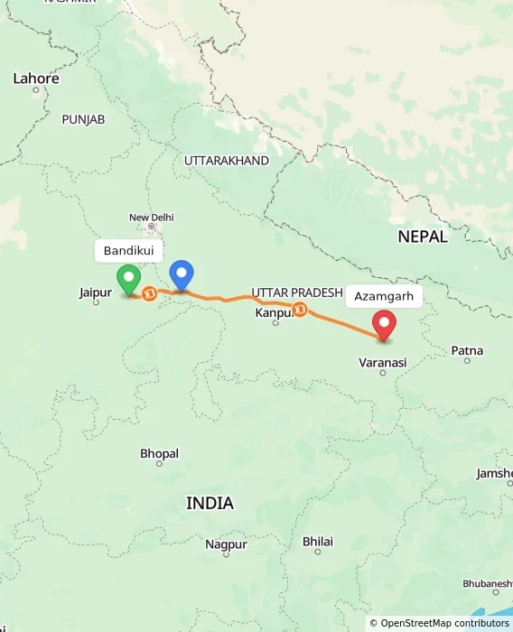 Route map showing distance and travel time from Bandikui, India to Azamgarh, India