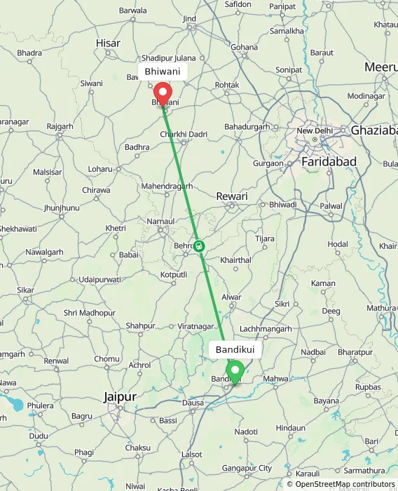 Route map showing distance and travel time from Bandikui, India to Bhiwani, India