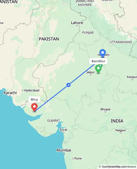 Route map showing distance and travel time from Bandikui, India to Bhuj, India