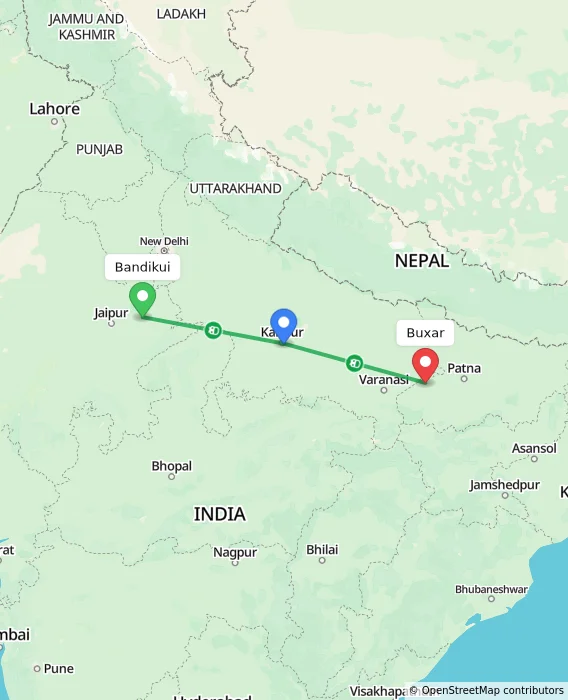 Route map showing distance and travel time from Bandikui, India to Buxar, India