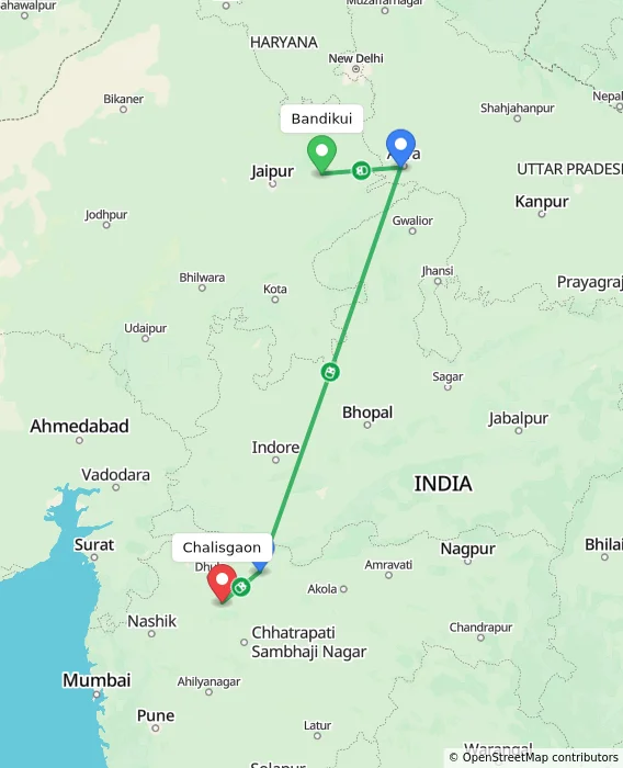 Route map showing distance and travel time from Bandikui, India to Chalisgaon, India