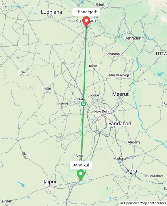 Route map showing distance and travel time from Bandikui, India to Chandigarh, India