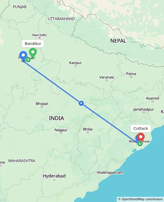 Route map showing distance and travel time from Bandikui, India to Cuttack, India