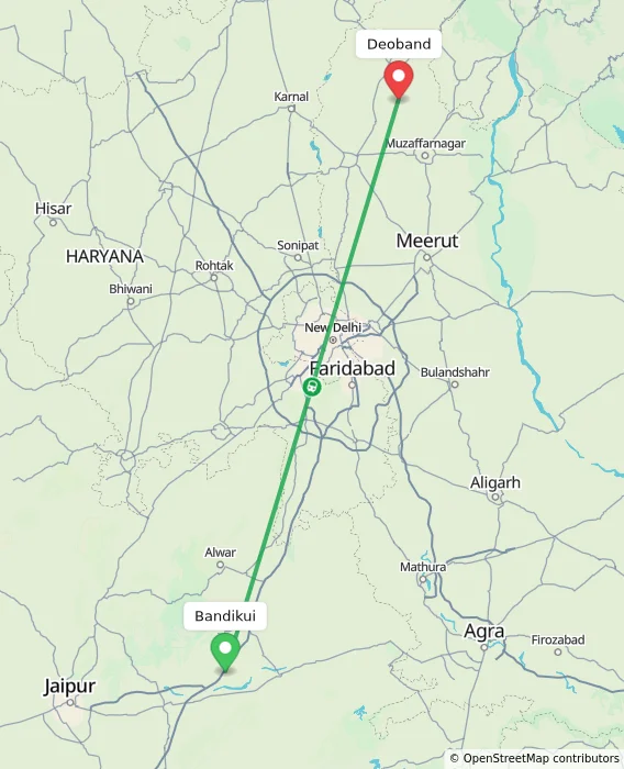 Route map showing distance and travel time from Bandikui, India to Deoband, India