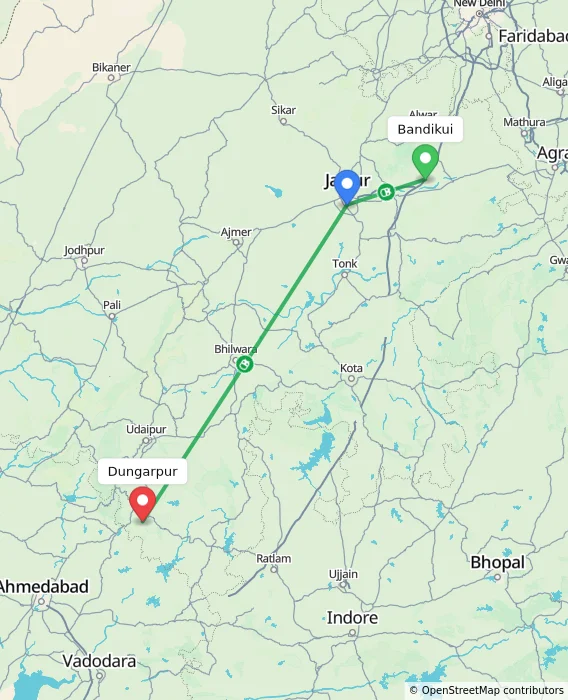 Route map showing distance and travel time from Bandikui, India to Dungarpur, India