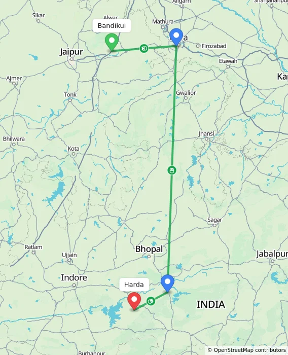 Route map showing distance and travel time from Bandikui, India to Harda, India