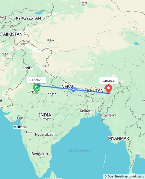 Route map showing distance and travel time from Bandikui, India to Itanagar, India