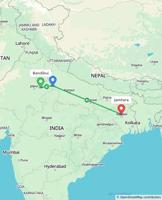 Route map showing distance and travel time from Bandikui, India to Jamtara, India