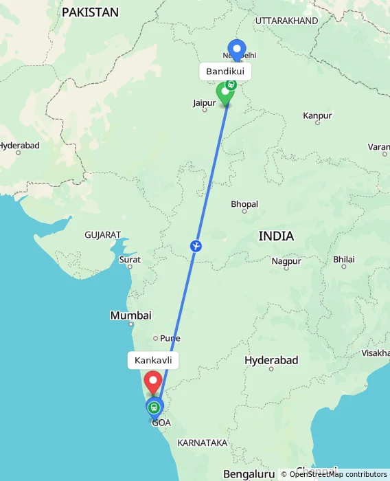 Route map showing distance and travel time from Bandikui, India to Kankavli, India