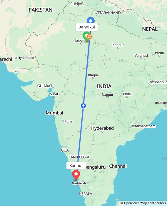 Route map showing distance and travel time from Bandikui, India to Kannur, India