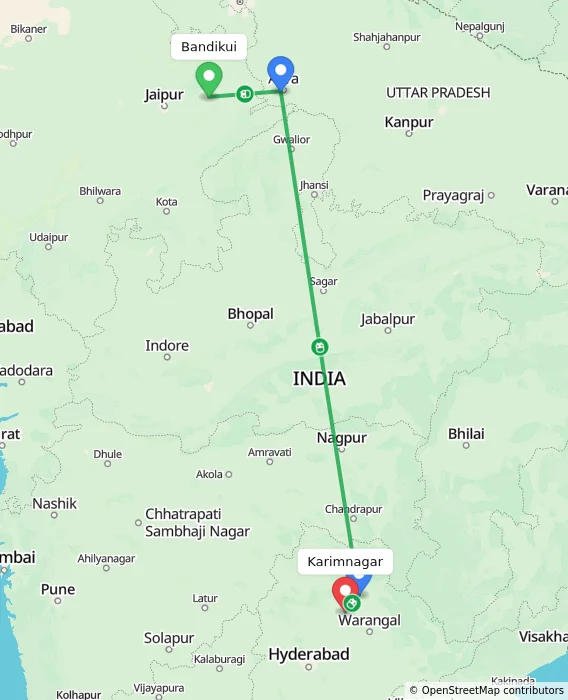 Route map showing distance and travel time from Bandikui, India to Karimnagar, India
