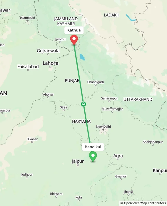 Route map showing distance and travel time from Bandikui, India to Kathua, India