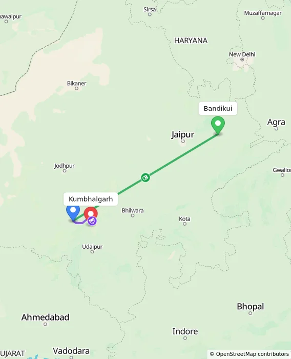 Route map showing distance and travel time from Bandikui, India to Kumbhalgarh, India