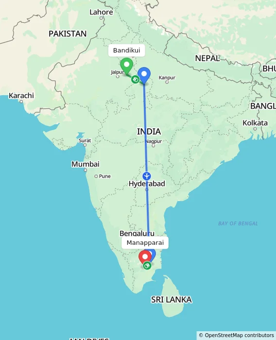 Route map showing distance and travel time from Bandikui, India to Manapparai, India