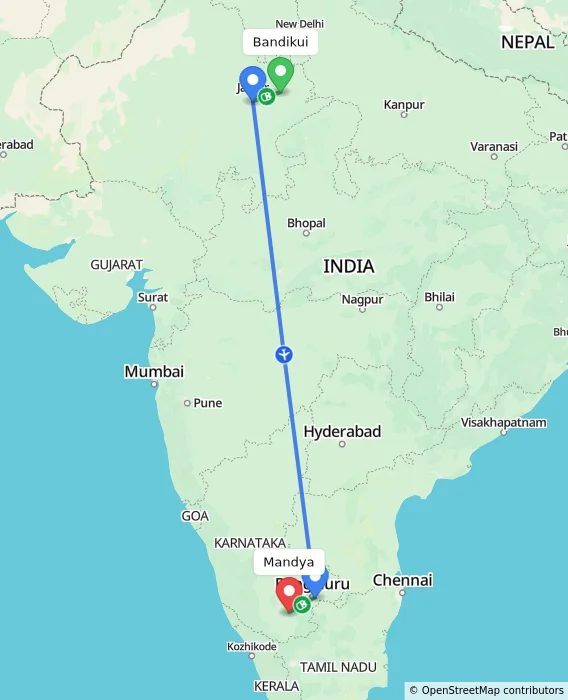 Route map showing distance and travel time from Bandikui, India to Mandya, India