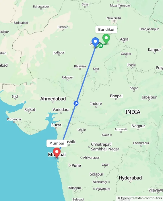 Route map showing distance and travel time from Bandikui, India to Mumbai, India