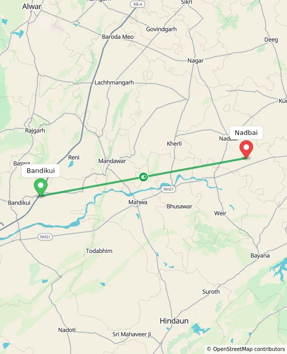 Route map showing distance and travel time from Bandikui, India to Nadbai, India