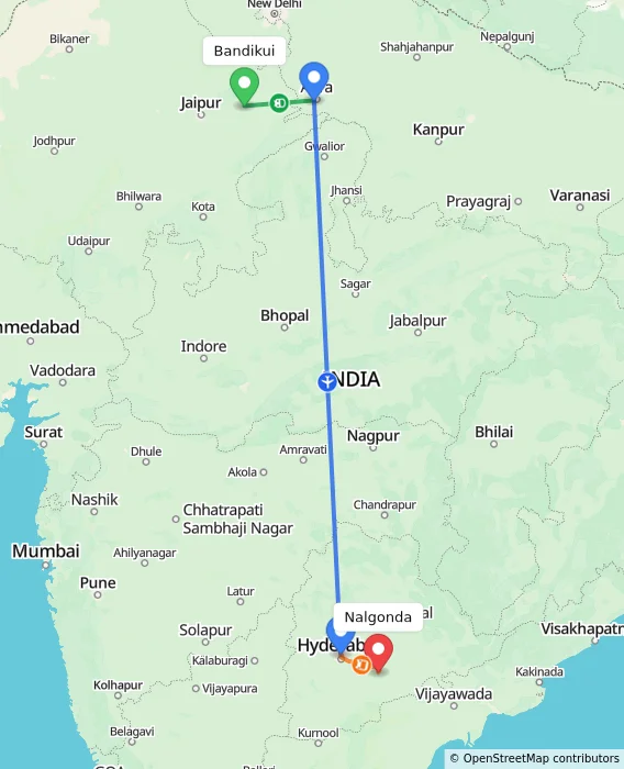 Route map showing distance and travel time from Bandikui, India to Nalgonda, India