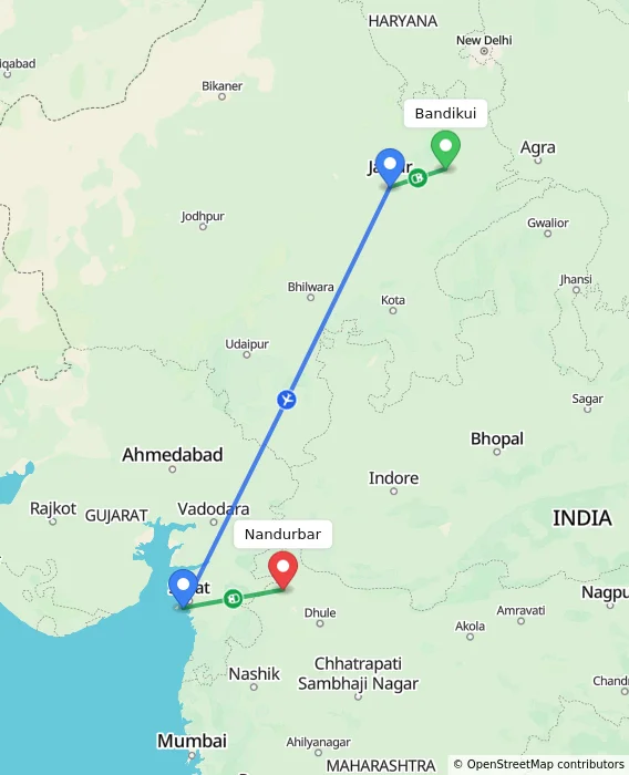 Route map showing distance and travel time from Bandikui, India to Nandurbar, India