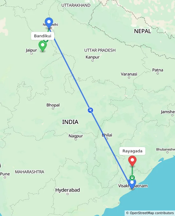 Route map showing distance and travel time from Bandikui, India to Rayagada, India