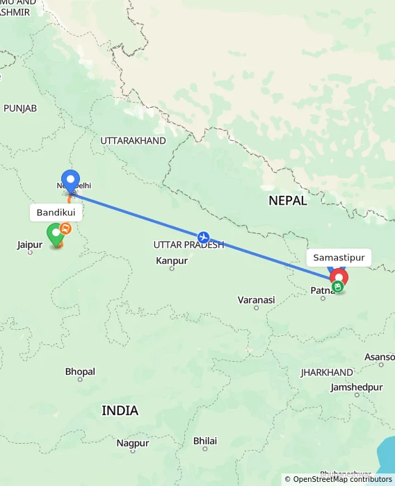 Route map showing distance and travel time from Bandikui, India to Samastipur, India