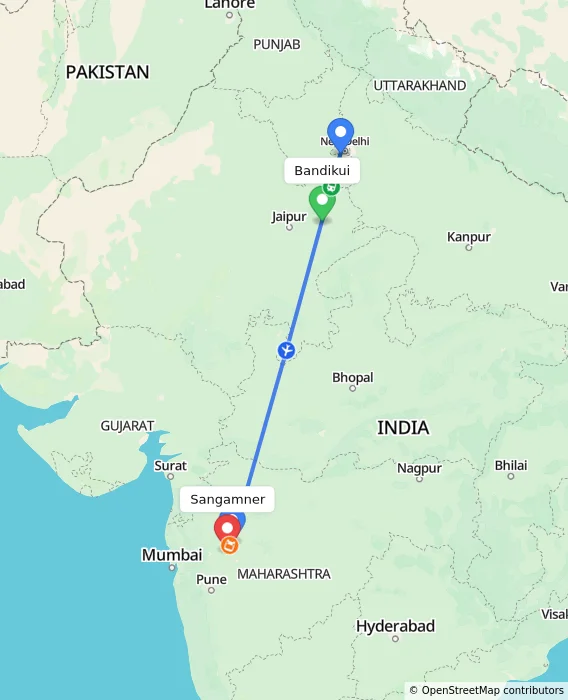 Route map showing distance and travel time from Bandikui, India to Sangamner, India