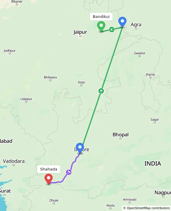 Route map showing distance and travel time from Bandikui, India to Shahada, India