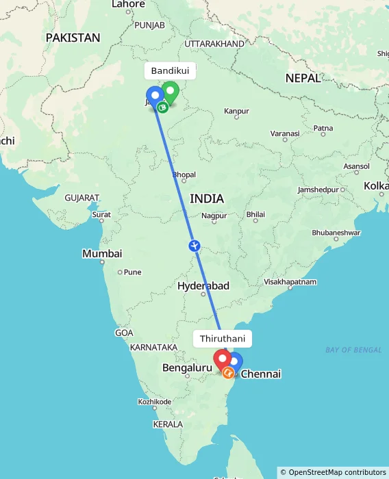 Route map showing distance and travel time from Bandikui, India to Thiruthani, India