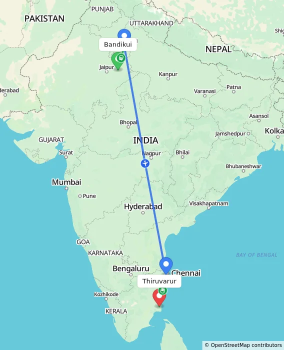 Route map showing distance and travel time from Bandikui, India to Thiruvarur, India
