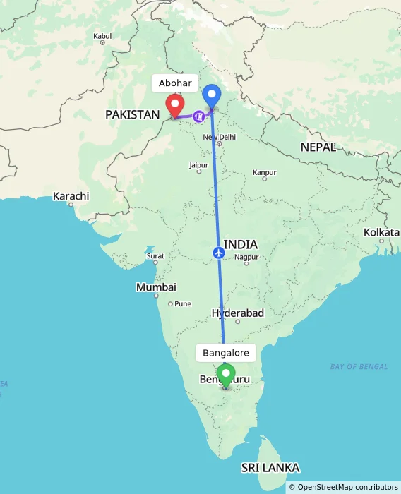 Route map showing distance and travel time from Bangalore, India to Abohar, India