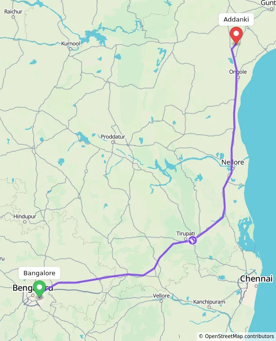 Route map showing distance and travel time from Bangalore, India to Addanki, India