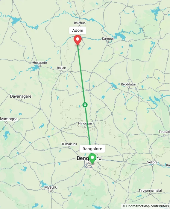 Route map showing distance and travel time from Bangalore, India to Adoni, India