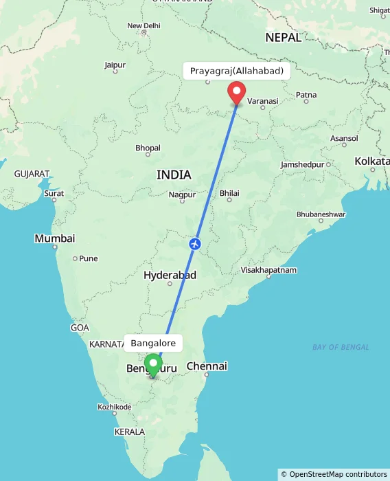 Route map showing distance and travel time from Bangalore, India to Allahabad, India