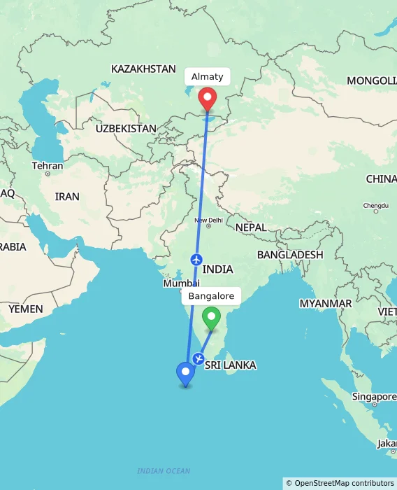 Route map showing distance and travel time from Bangalore, India to Almaty, Kazakhstan