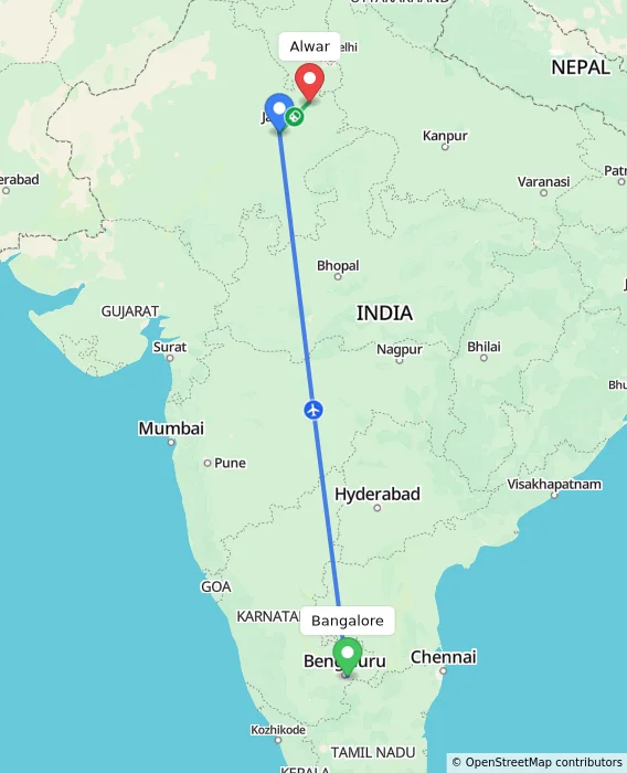 Route map showing distance and travel time from Bangalore, India to Alwar, India
