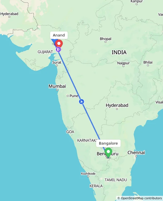 Route map showing distance and travel time from Bangalore, India to Anand, India