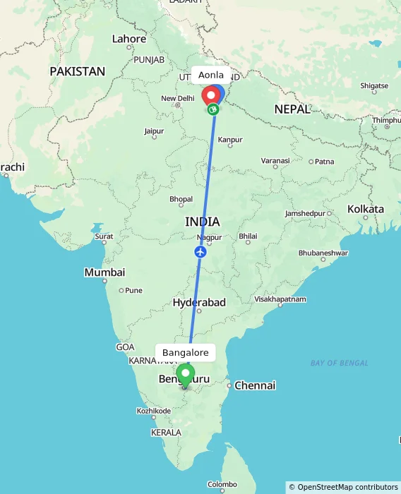 Route map showing distance and travel time from Bangalore, India to Aonla, India