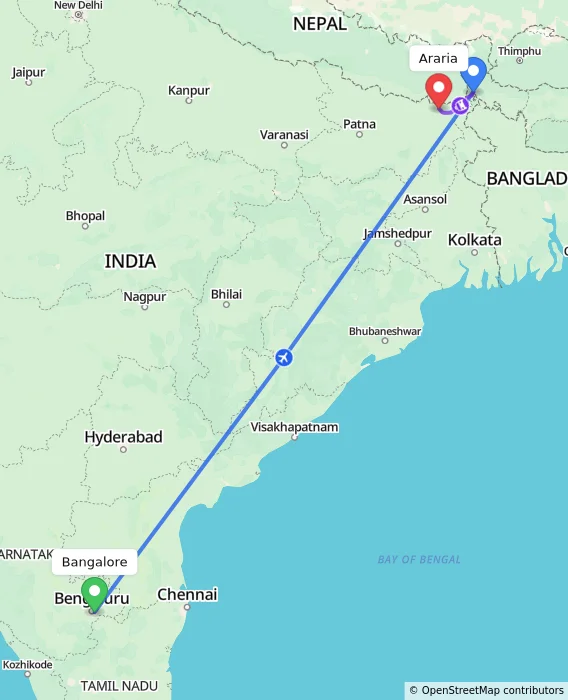 Route map showing distance and travel time from Bangalore, India to Araria, India