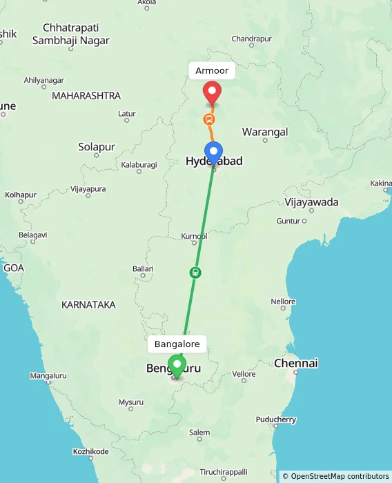 Route map showing distance and travel time from Bangalore, India to Armoor, India